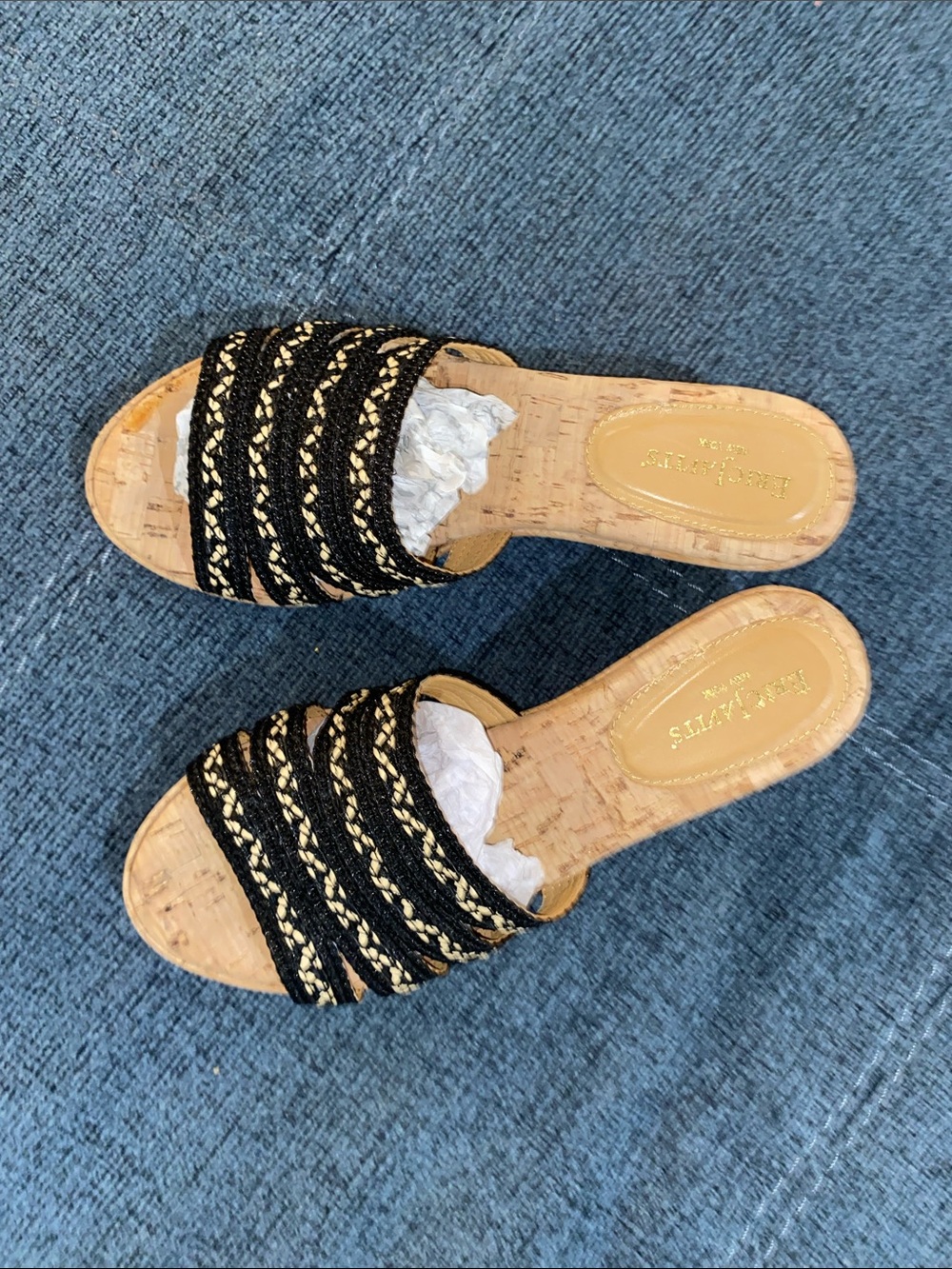 Eric Javits Black & Gold Braided Cork Slide Mules